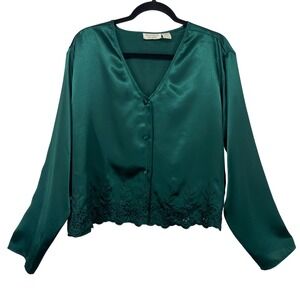 Victorias Secret Size L Vintage Gold Label Pajama Top Emerald Green Satin Eyelet